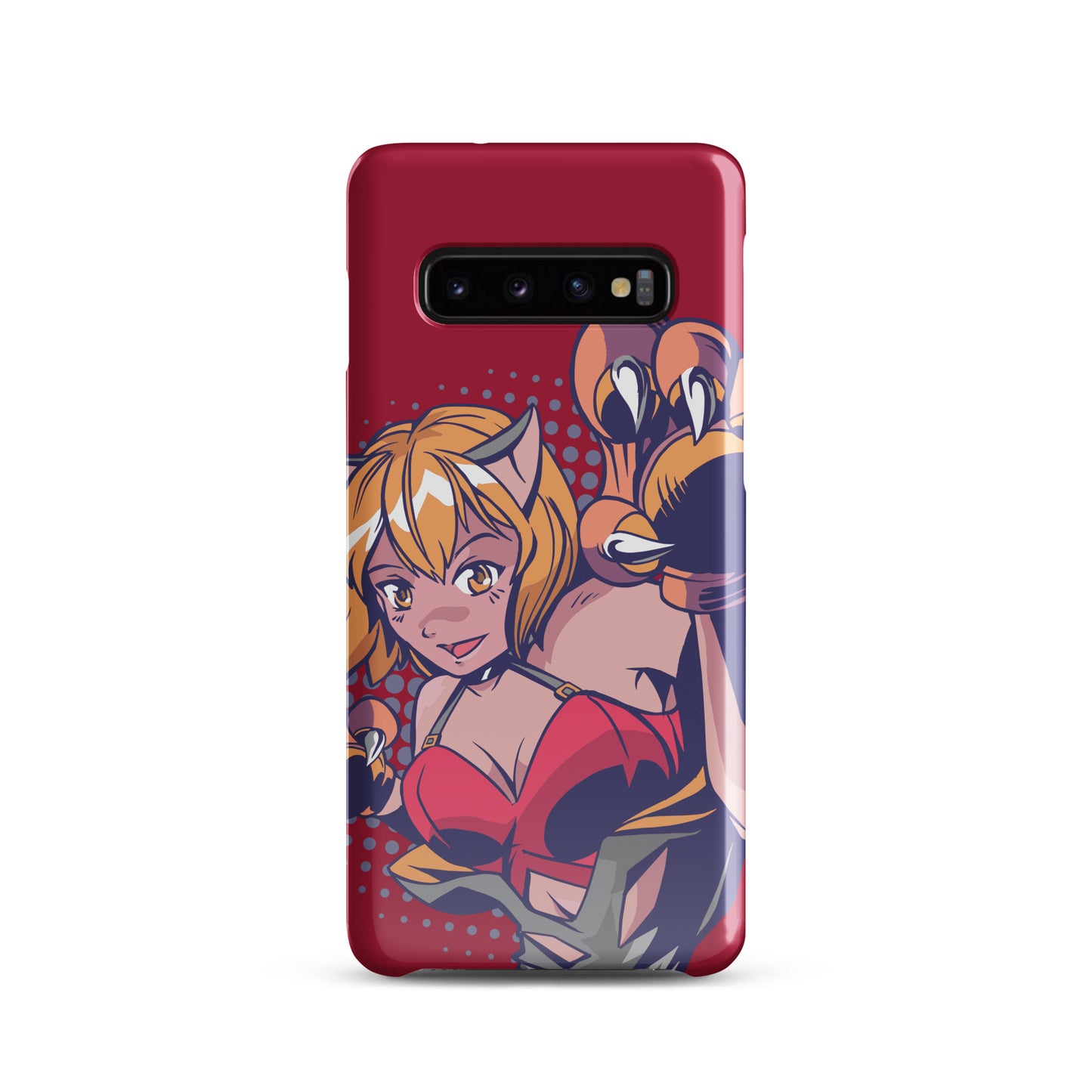 A colorful Samsung S10 glossy snap case featuring an anime-inspired design, viewed from the front