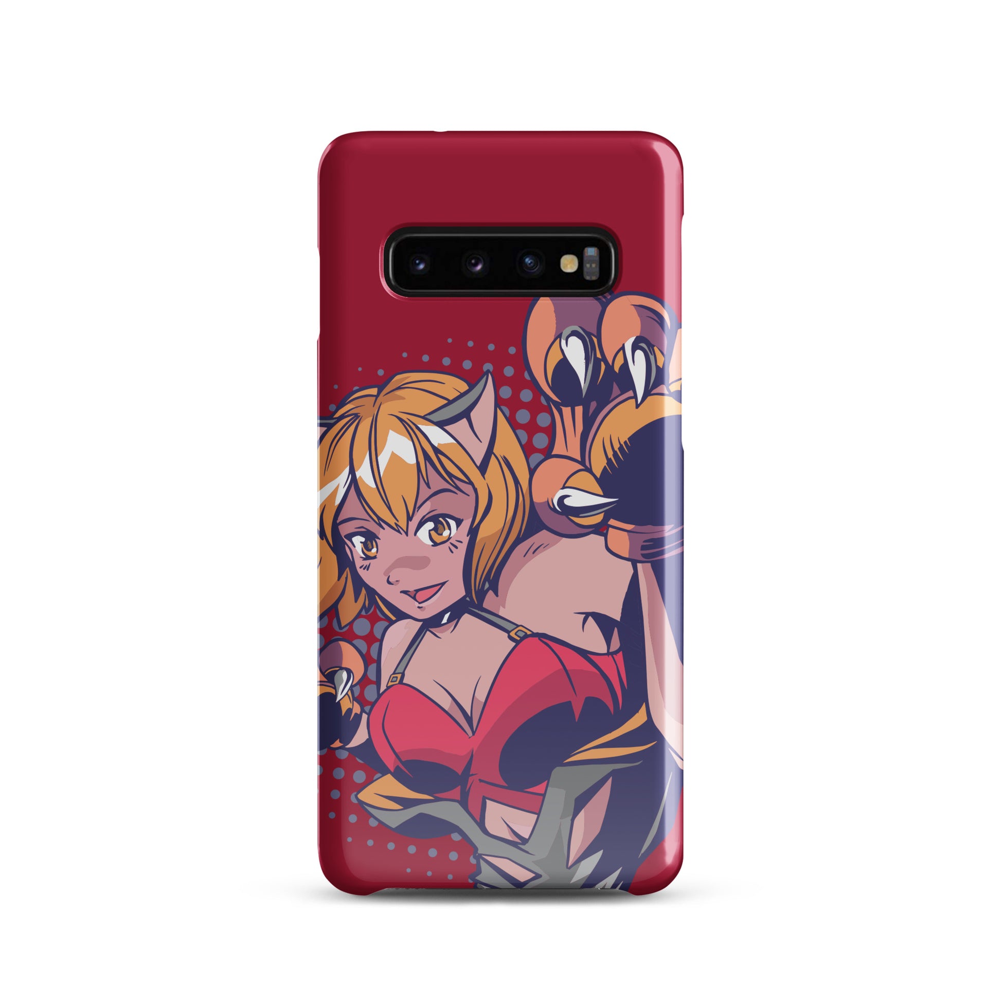 A colorful Samsung S10 glossy snap case featuring an anime-inspired design, viewed from the front