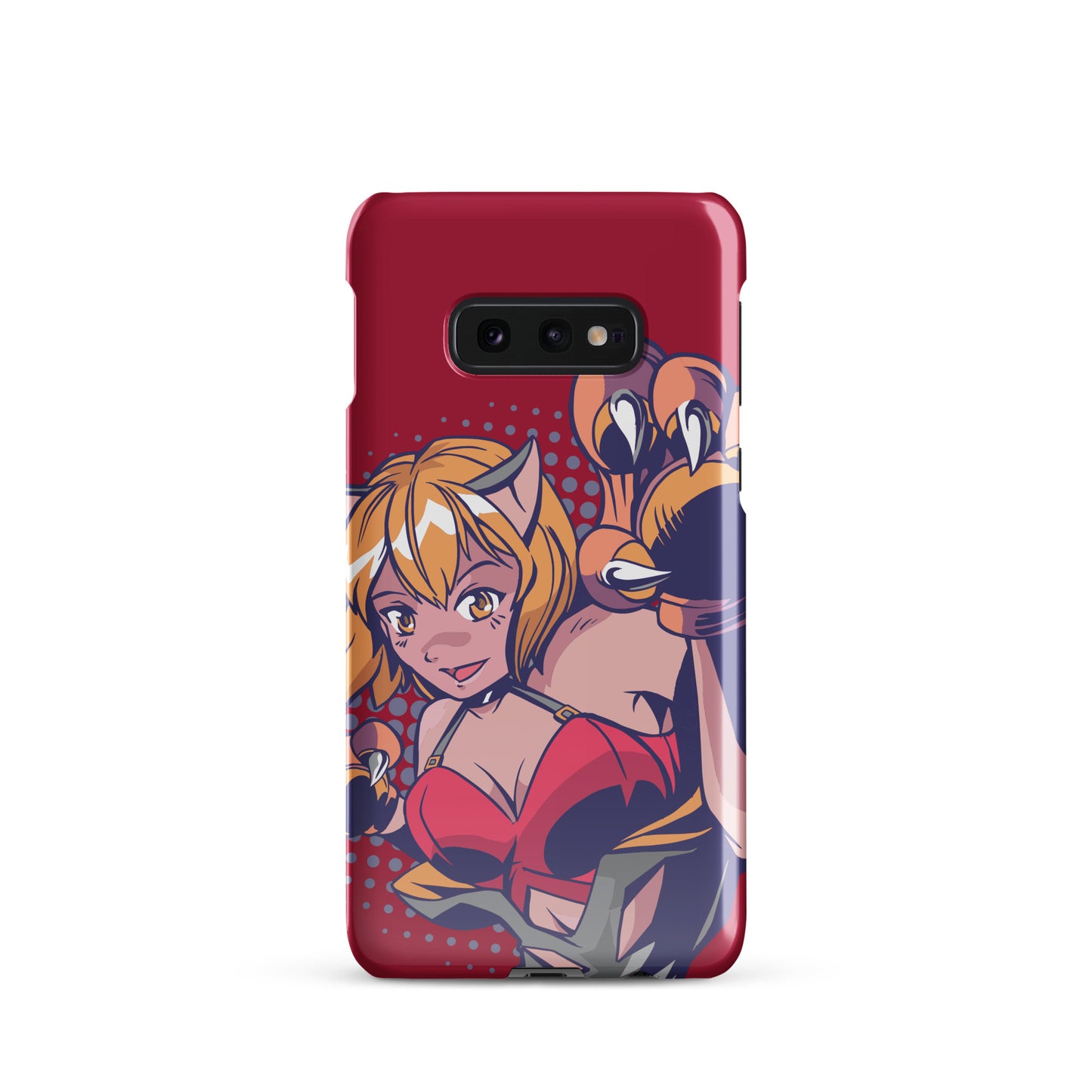 A colorful Samsung S10e glossy snap case featuring an anime-inspired design, viewed from the front
