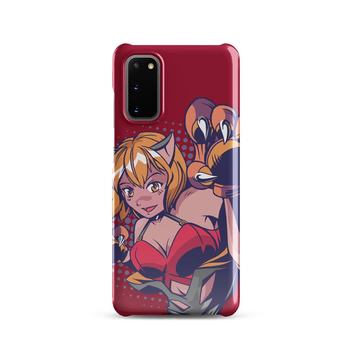 A colorful Samsung S20 glossy snap case featuring an anime-inspired design, viewed from the front