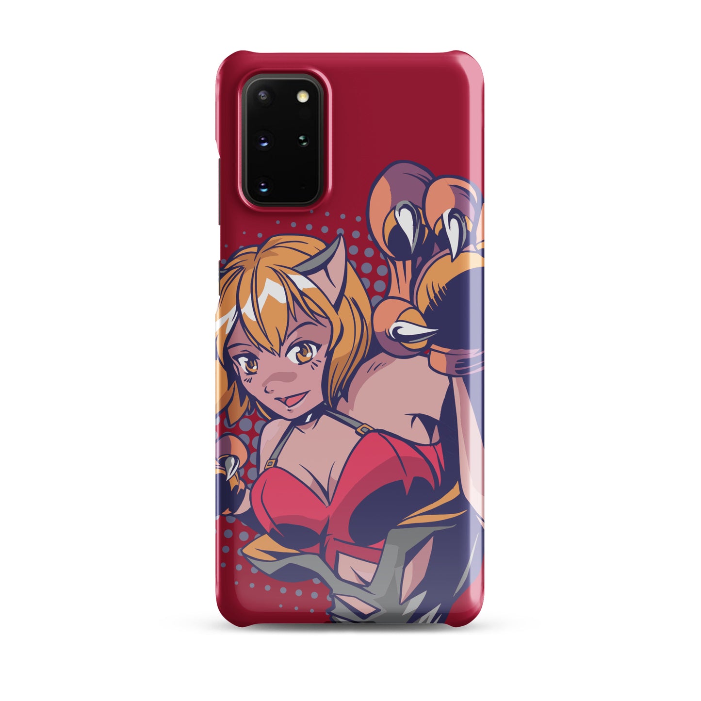 A colorful Samsung S20 Plus glossy snap case featuring an anime-inspired design, viewed from the front