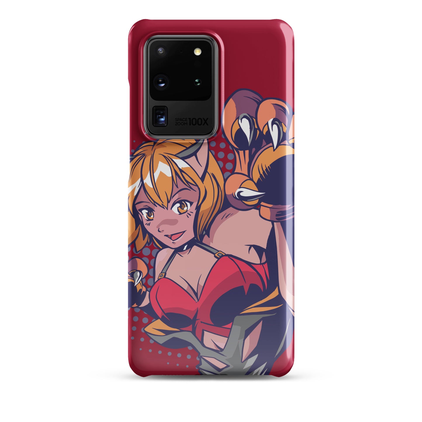 A colorful Samsung S20 Ultra glossy snap case featuring an anime-inspired design, viewed from the front