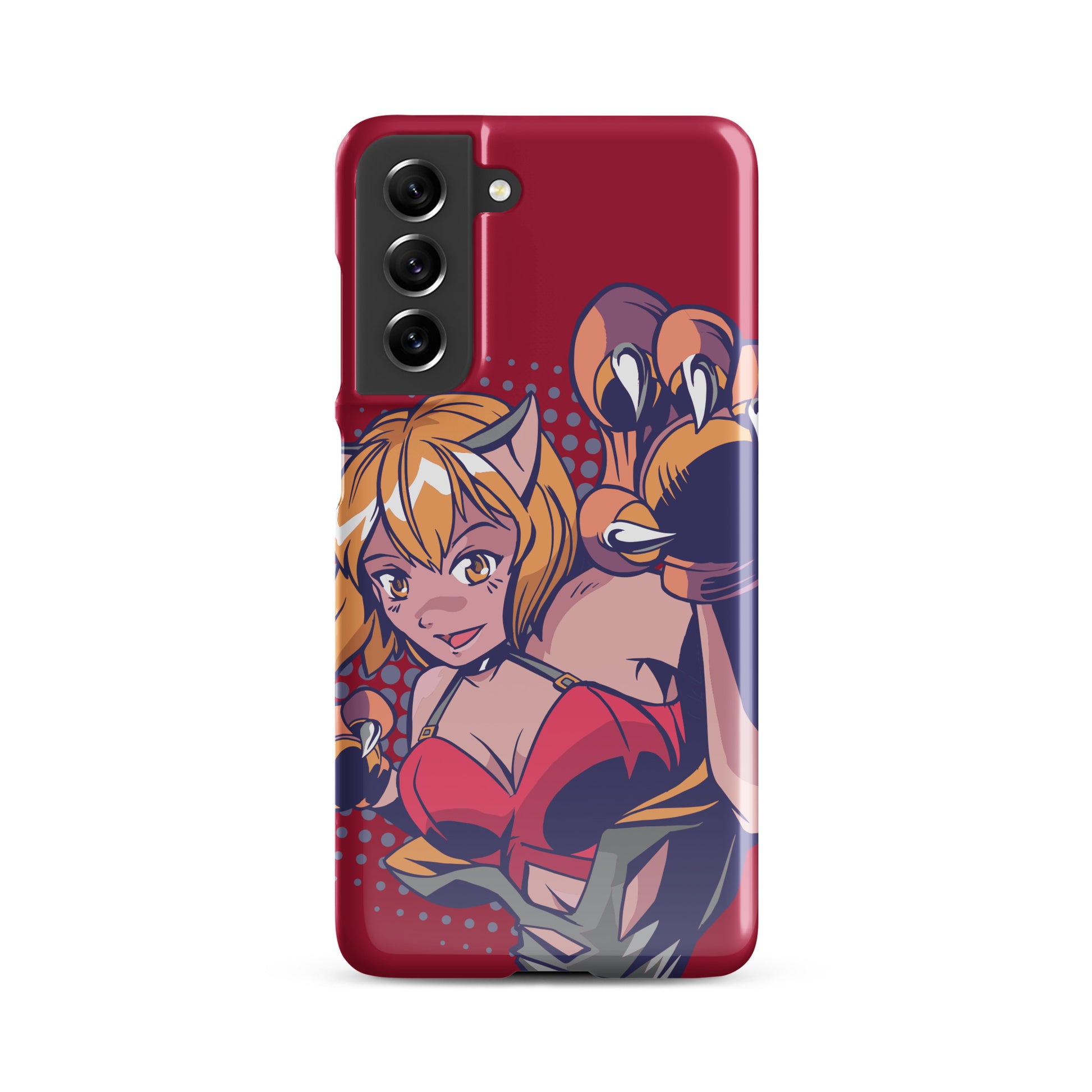 A colorful Samsung S21 FE glossy snap case featuring an anime-inspired design, viewed from the front