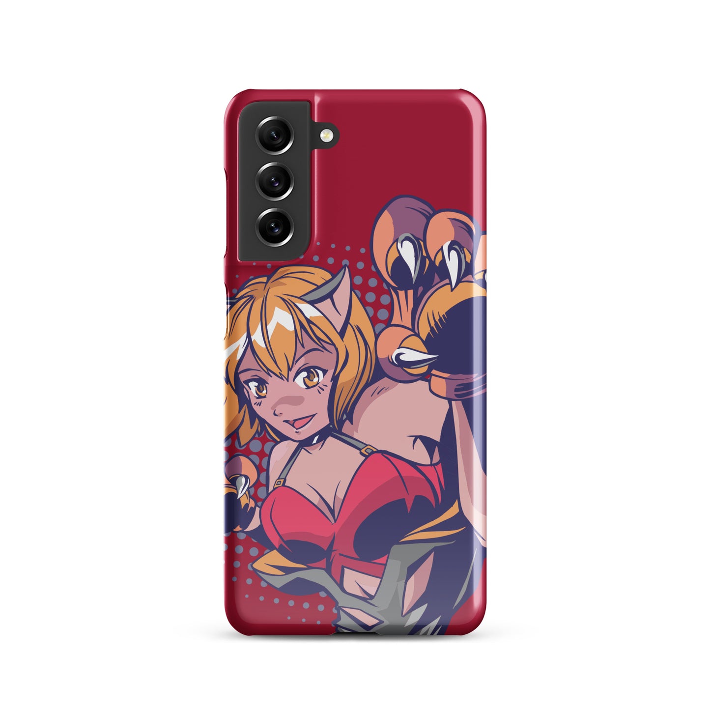 A colorful Samsung S21 glossy snap case featuring an anime-inspired design, viewed from the front