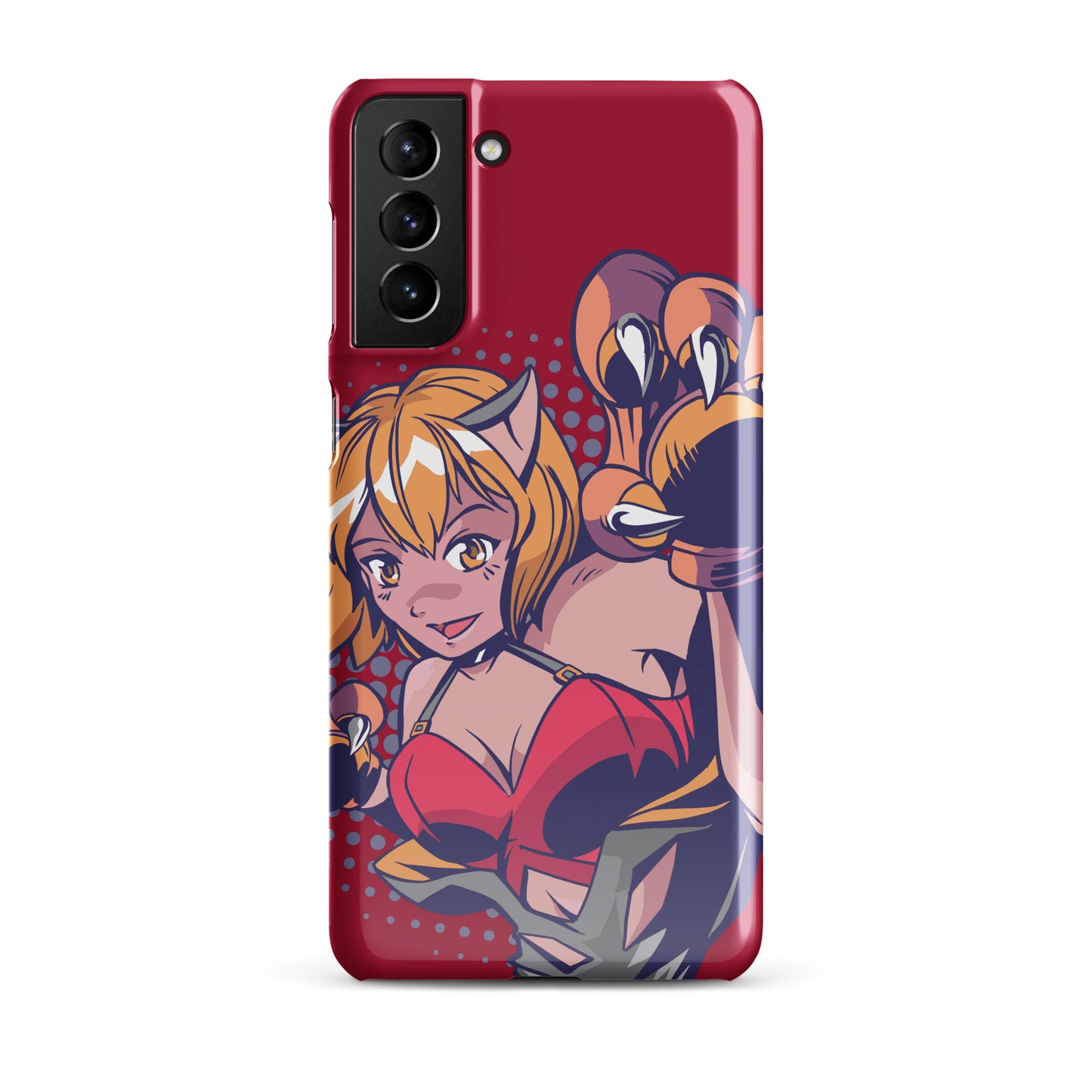 A colorful Samsung S21 Plus glossy snap case featuring an anime-inspired design, viewed from the front