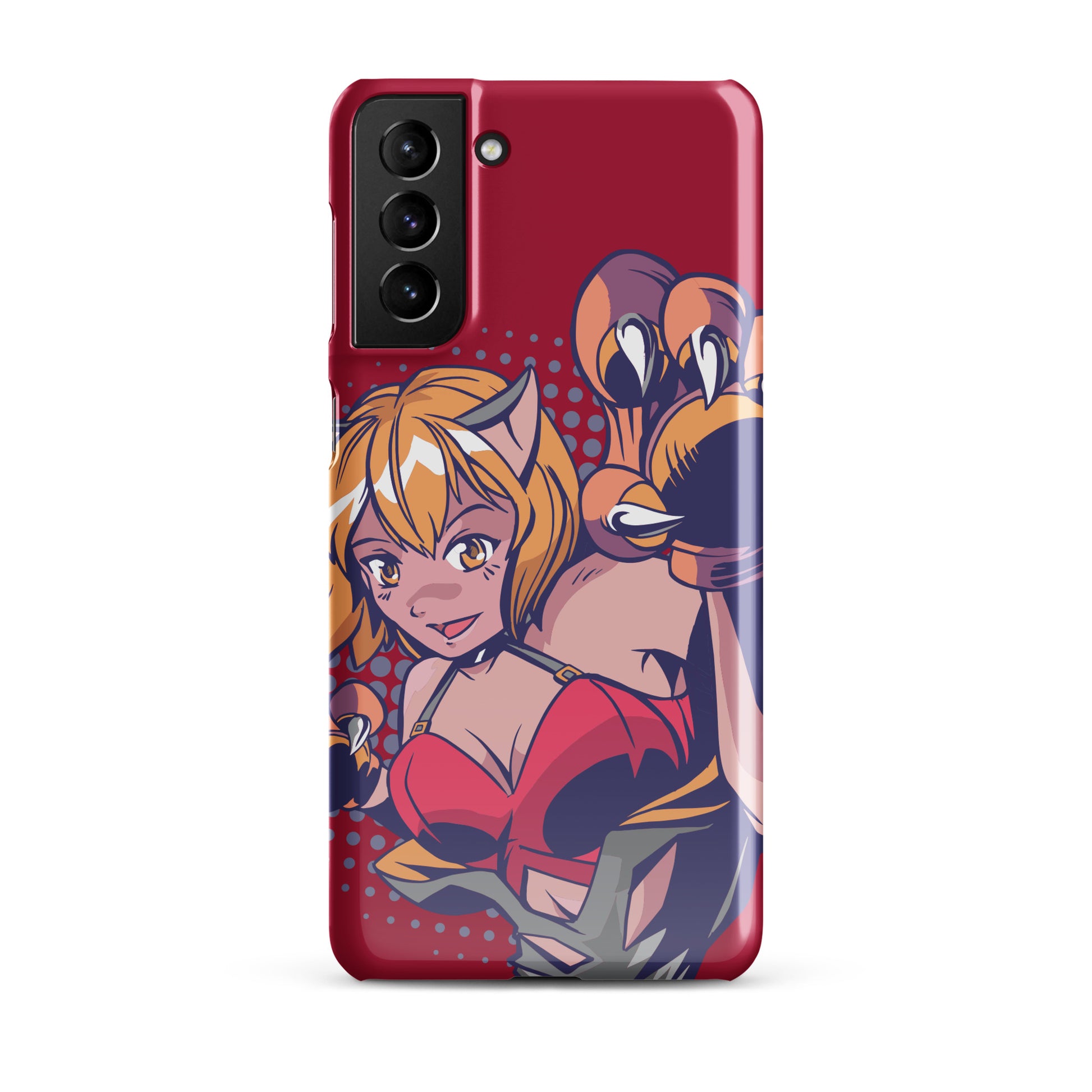 A colorful Samsung S21 Plus glossy snap case featuring an anime-inspired design, viewed from the front