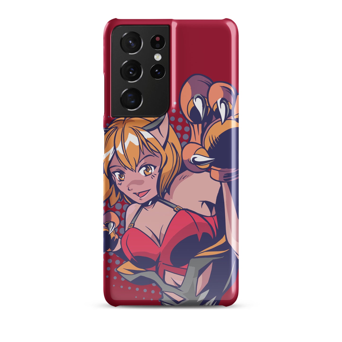A colorful Samsung S21 Ultra glossy snap case featuring an anime-inspired design, viewed from the front