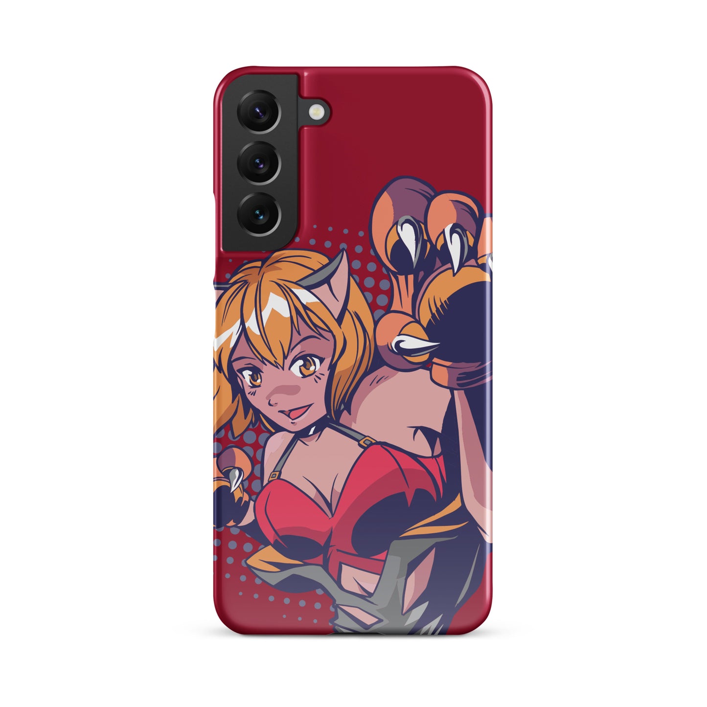 A colorful Samsung S22 Plus glossy snap case featuring an anime-inspired design, viewed from the front