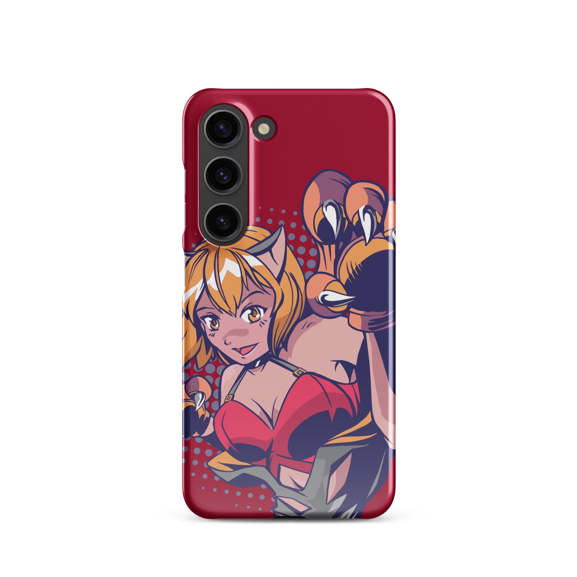 A colorful Samsung S23 glossy snap case featuring an anime-inspired design, viewed from the front