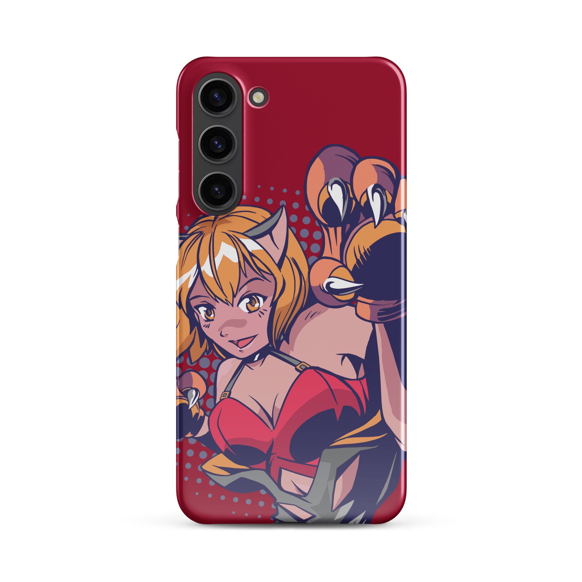 A colorful Samsung S23 Plus glossy snap case featuring an anime-inspired design, viewed from the front