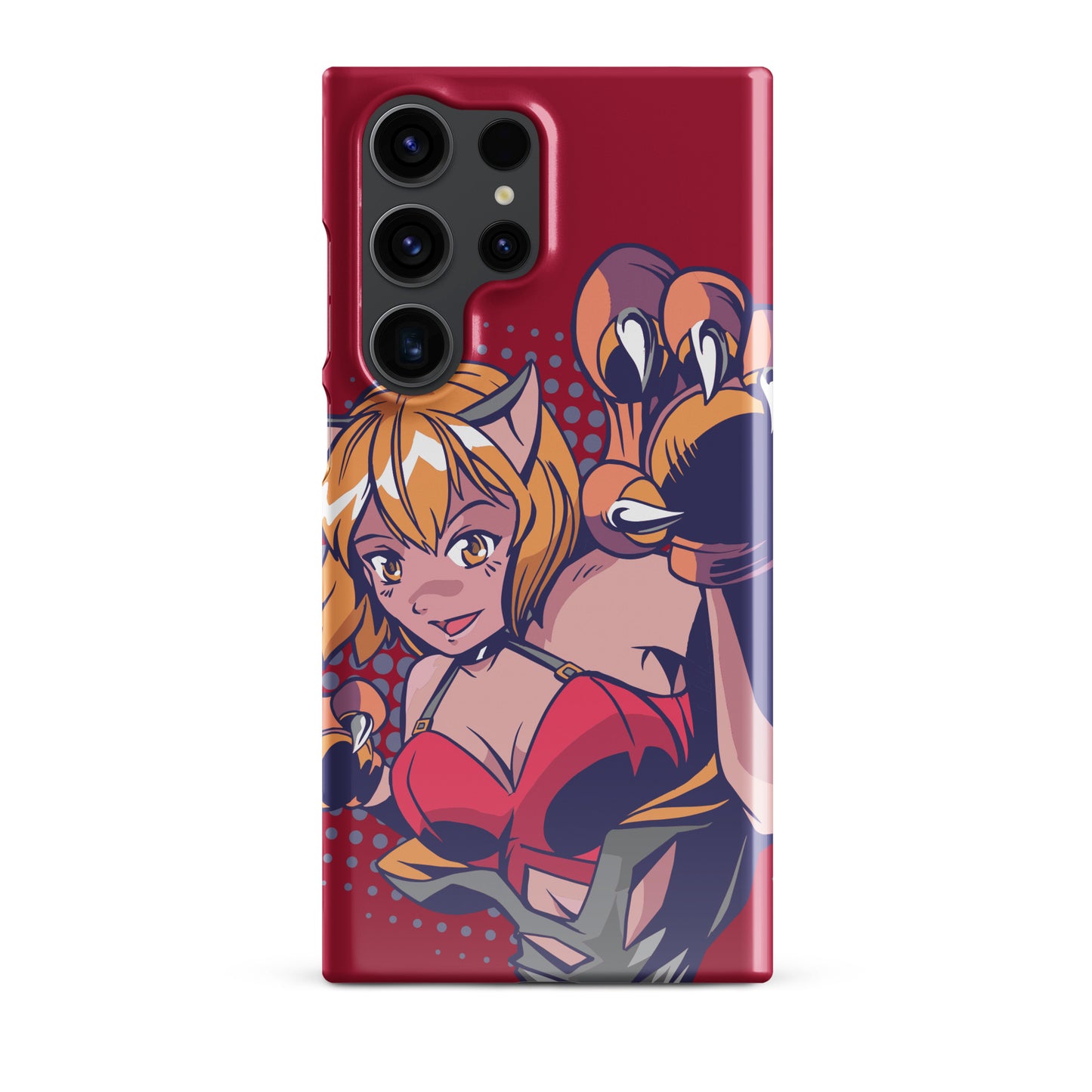 A colorful Samsung S23 Ultra glossy snap case featuring an anime-inspired design, viewed from the front