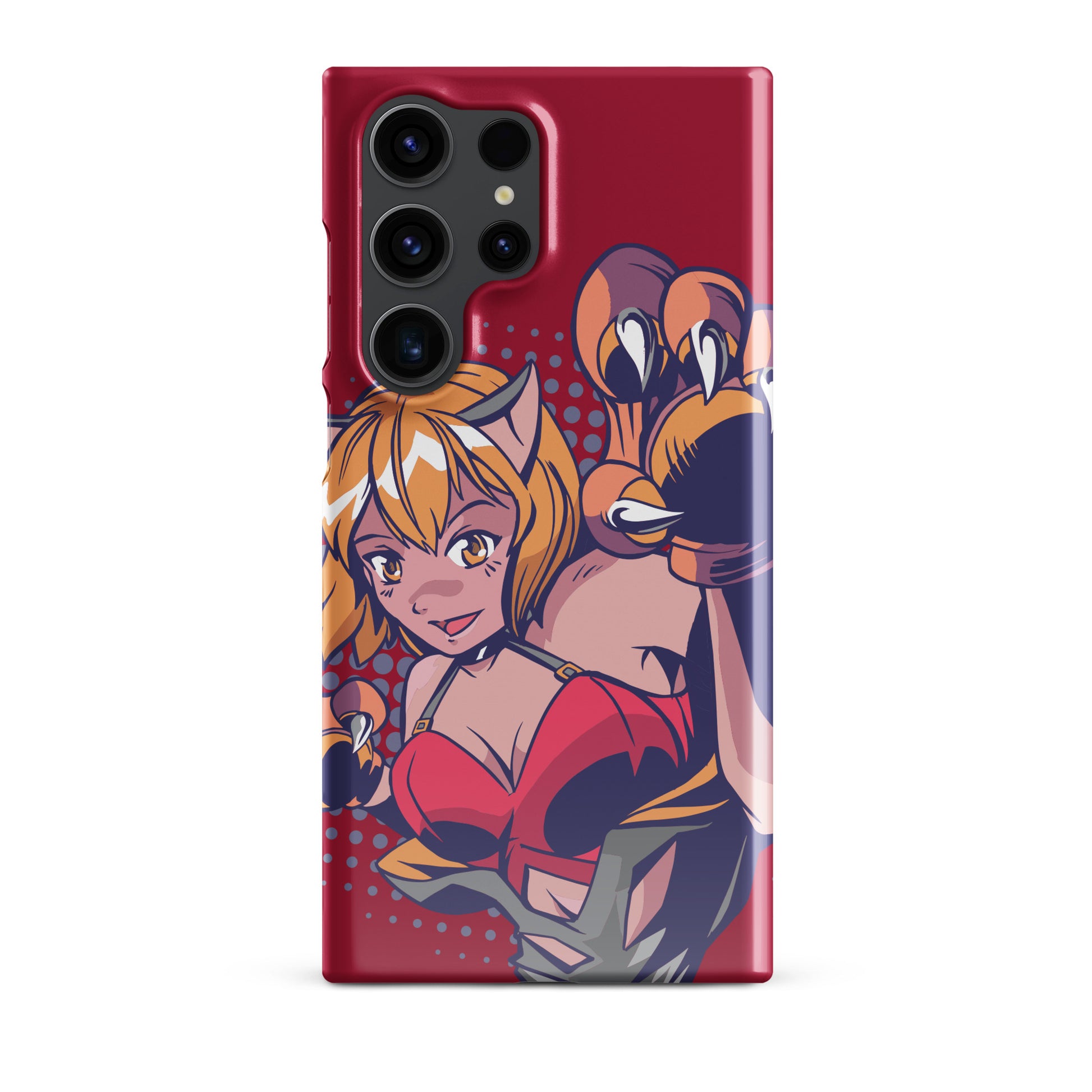 A colorful Samsung S23 Ultra glossy snap case featuring an anime-inspired design, viewed from the front