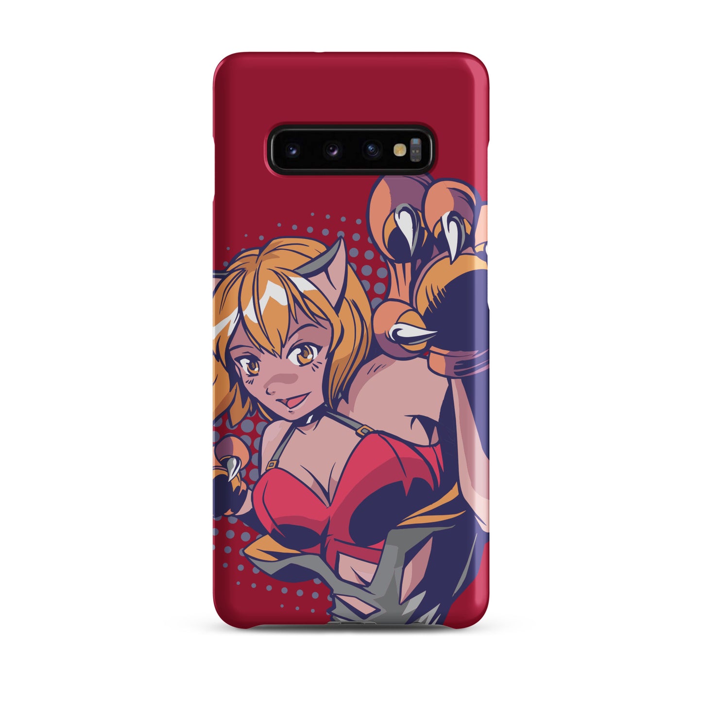 A colorful Samsung S10 Plus matte snap case featuring an anime-inspired design, viewed from the front