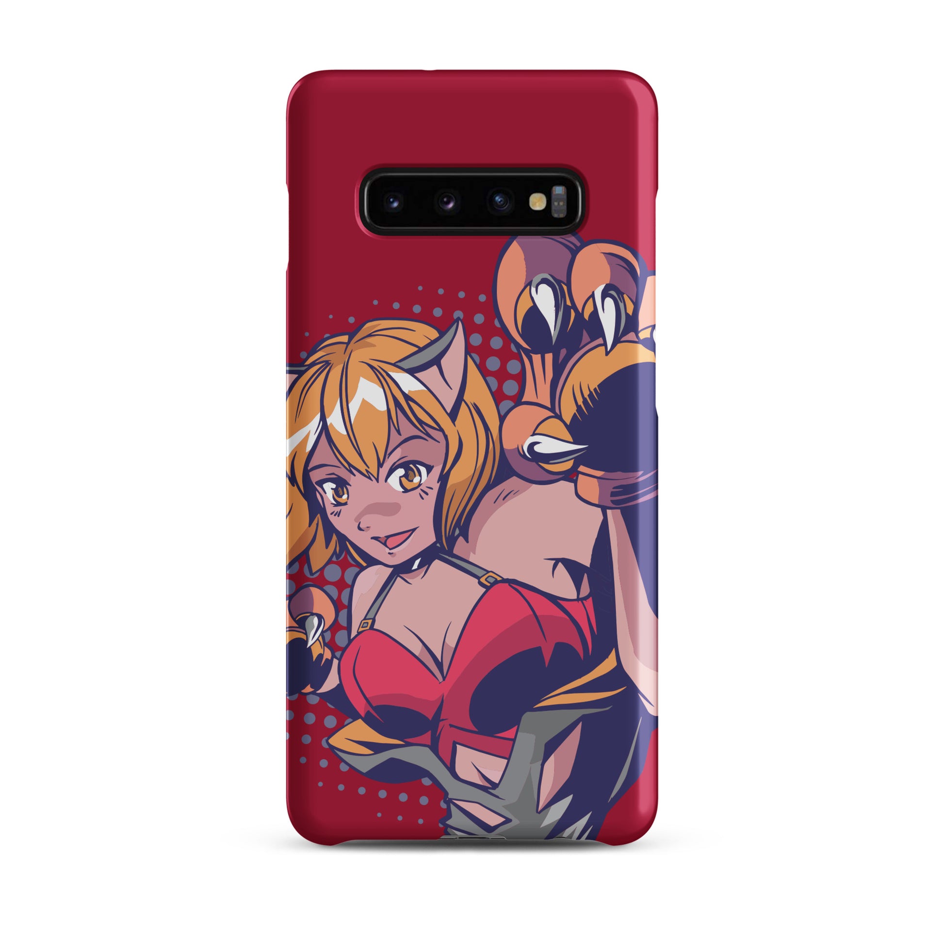 A colorful Samsung S10 Plus matte snap case featuring an anime-inspired design, viewed from the front