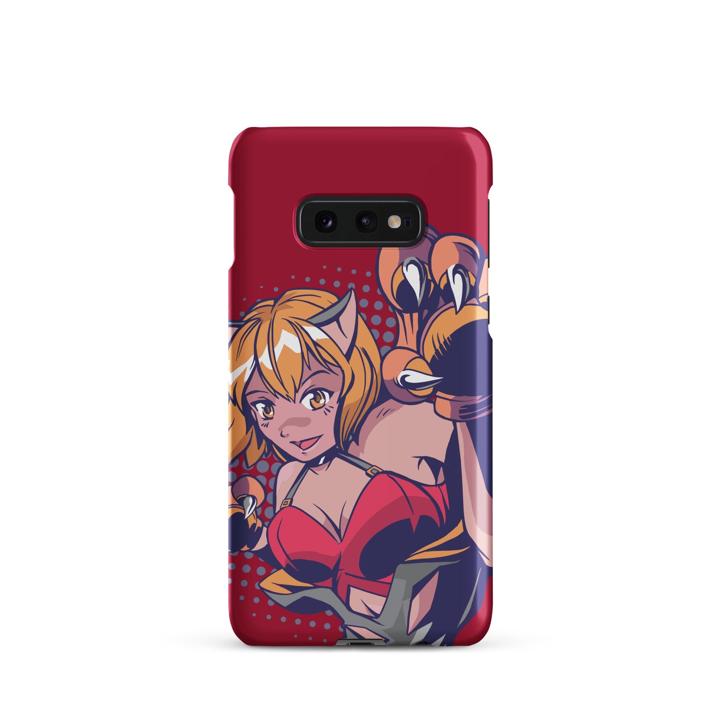 A colorful Samsung S10e matte snap case featuring an anime-inspired design, viewed from the front