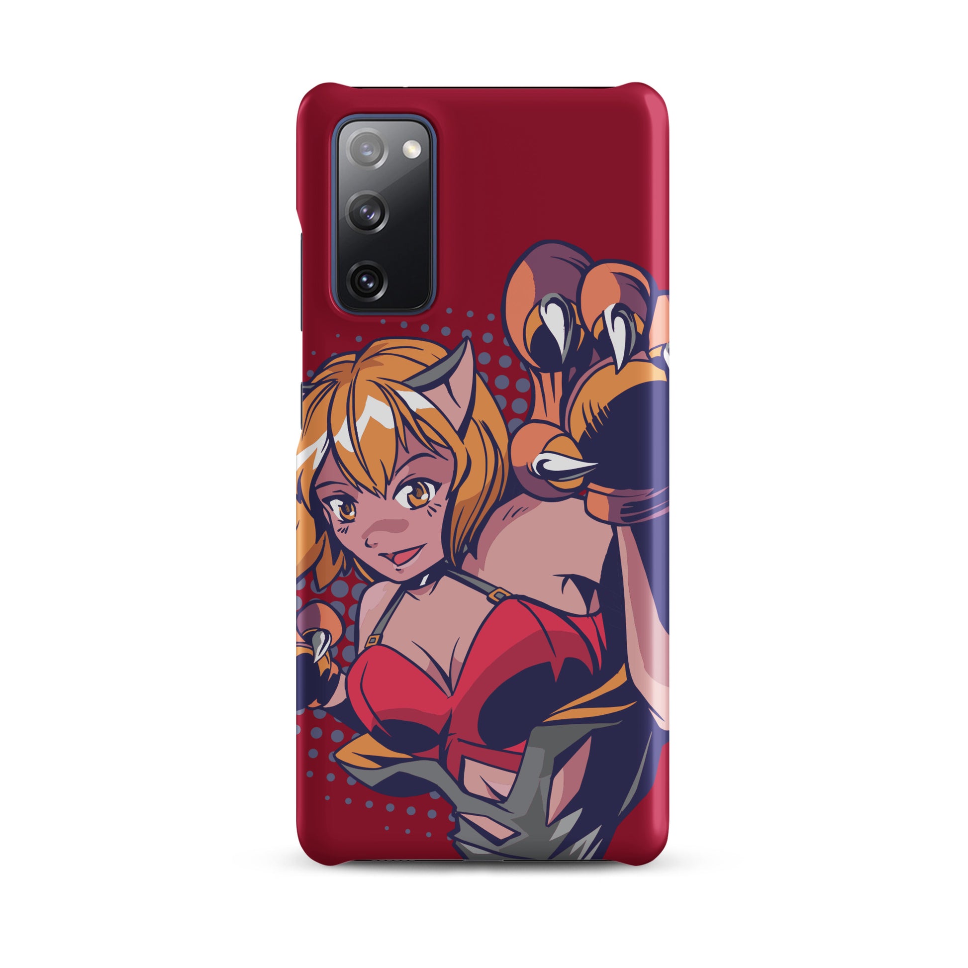 A colorful Samsung S20 FE matte snap case featuring an anime-inspired design, viewed from the front