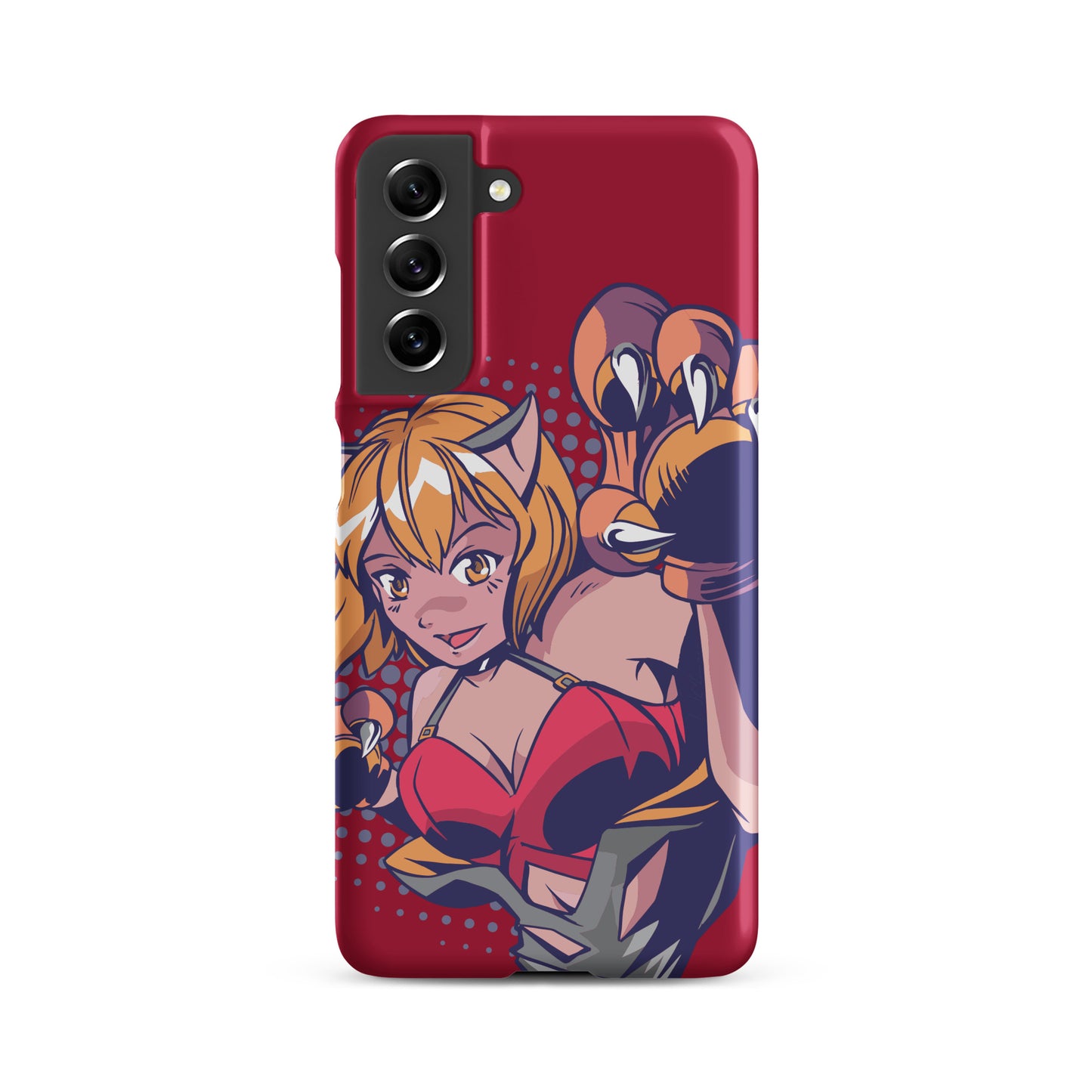 A colorful Samsung S21 matte snap case featuring an anime-inspired design, viewed from the front