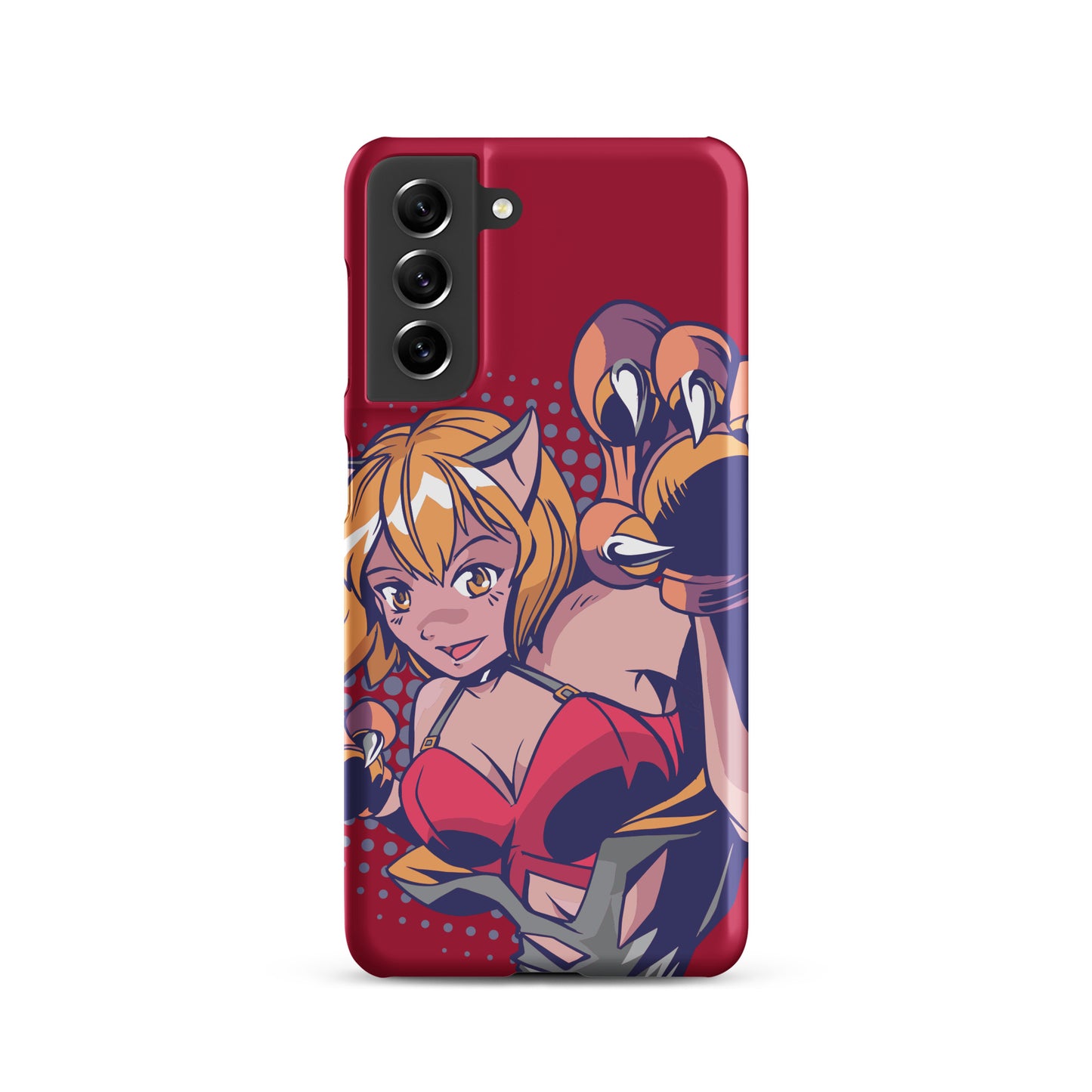 A colorful Samsung S21 matte snap case featuring an anime-inspired design, viewed from the front