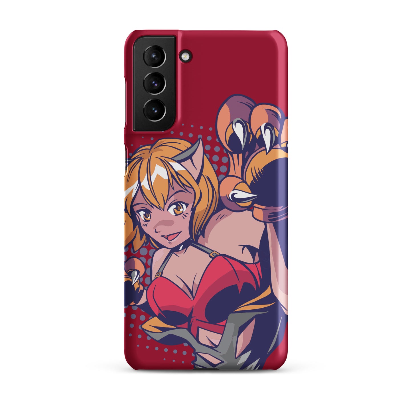A colorful Samsung S21 Plus matte snap case featuring an anime-inspired design, viewed from the front