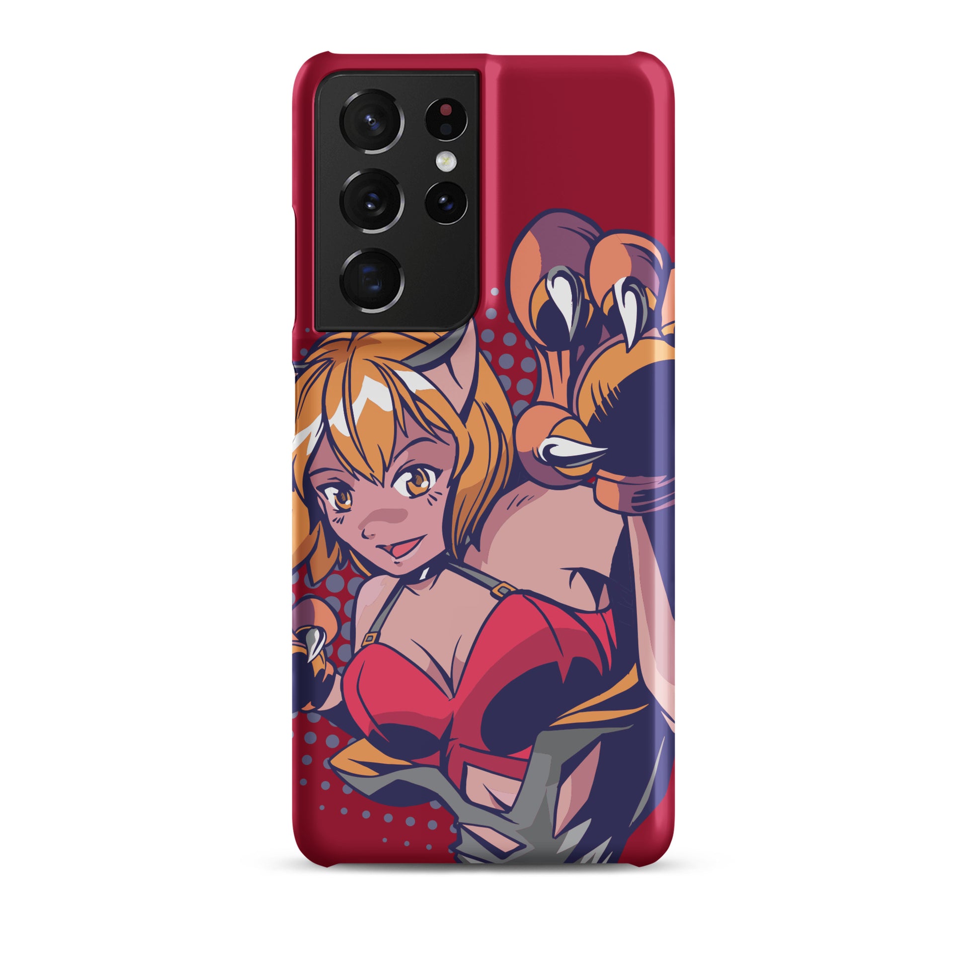 A colorful Samsung S21 Ultra matte snap case featuring an anime-inspired design, viewed from the front