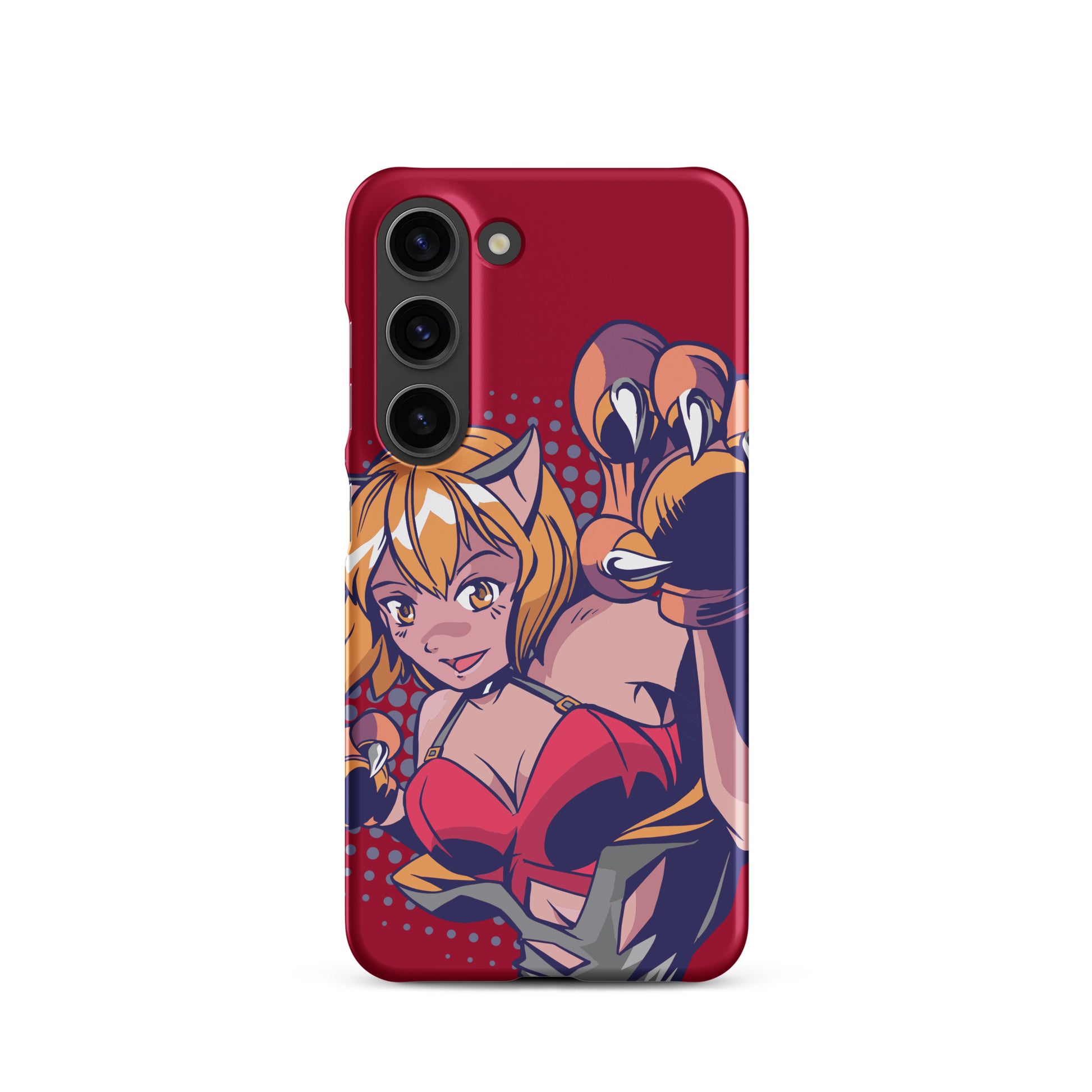 A colorful Samsung S23 matte snap case featuring an anime-inspired design, viewed from the front