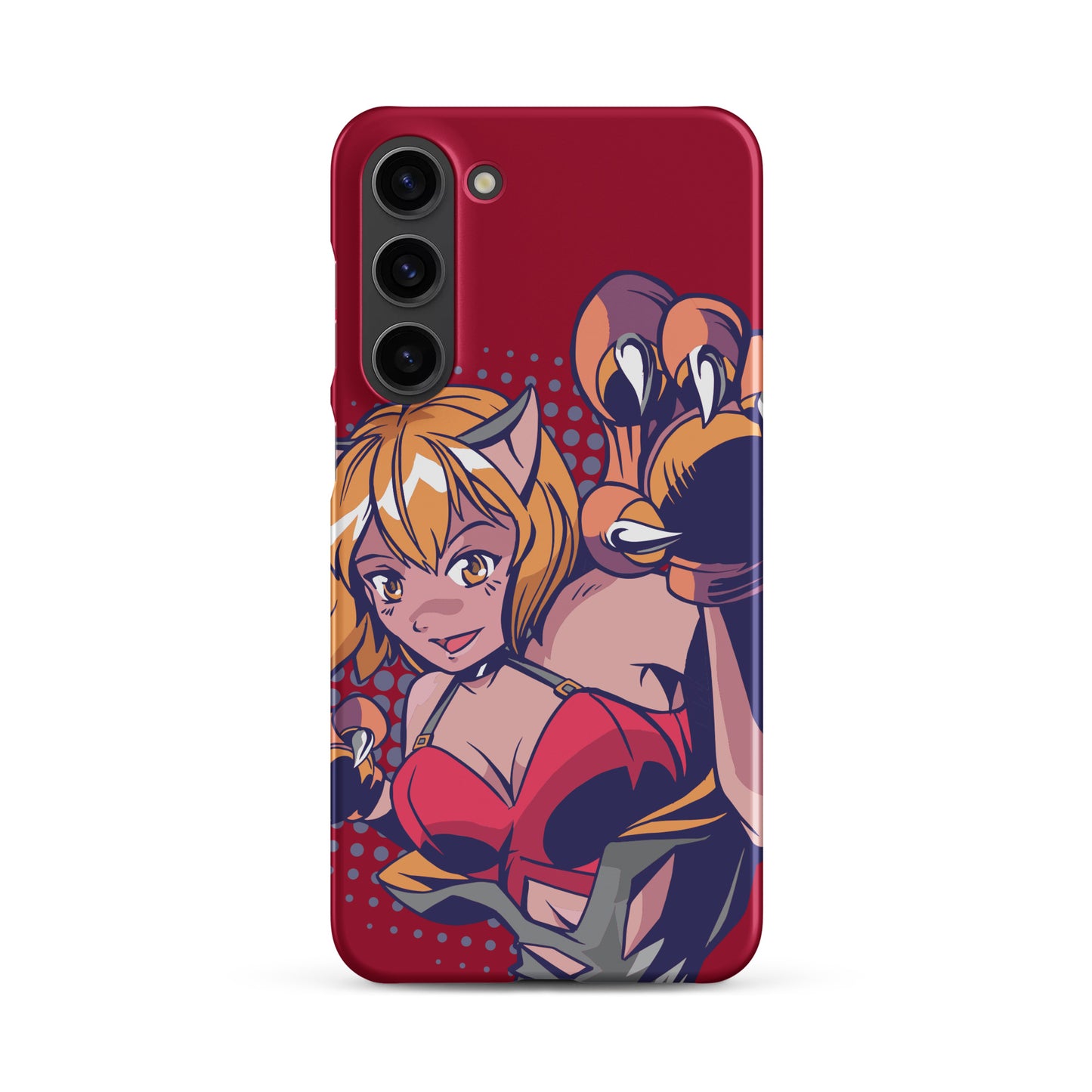 A colorful Samsung S23 Plus matte snap case featuring an anime-inspired design, viewed from the front