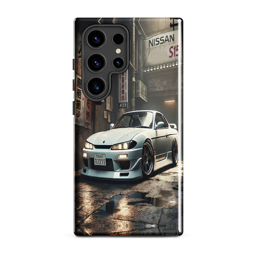 Samsung Galaxy S24 Ultra Tough Case Front View with a Nissan Silvia s15 Design in White.