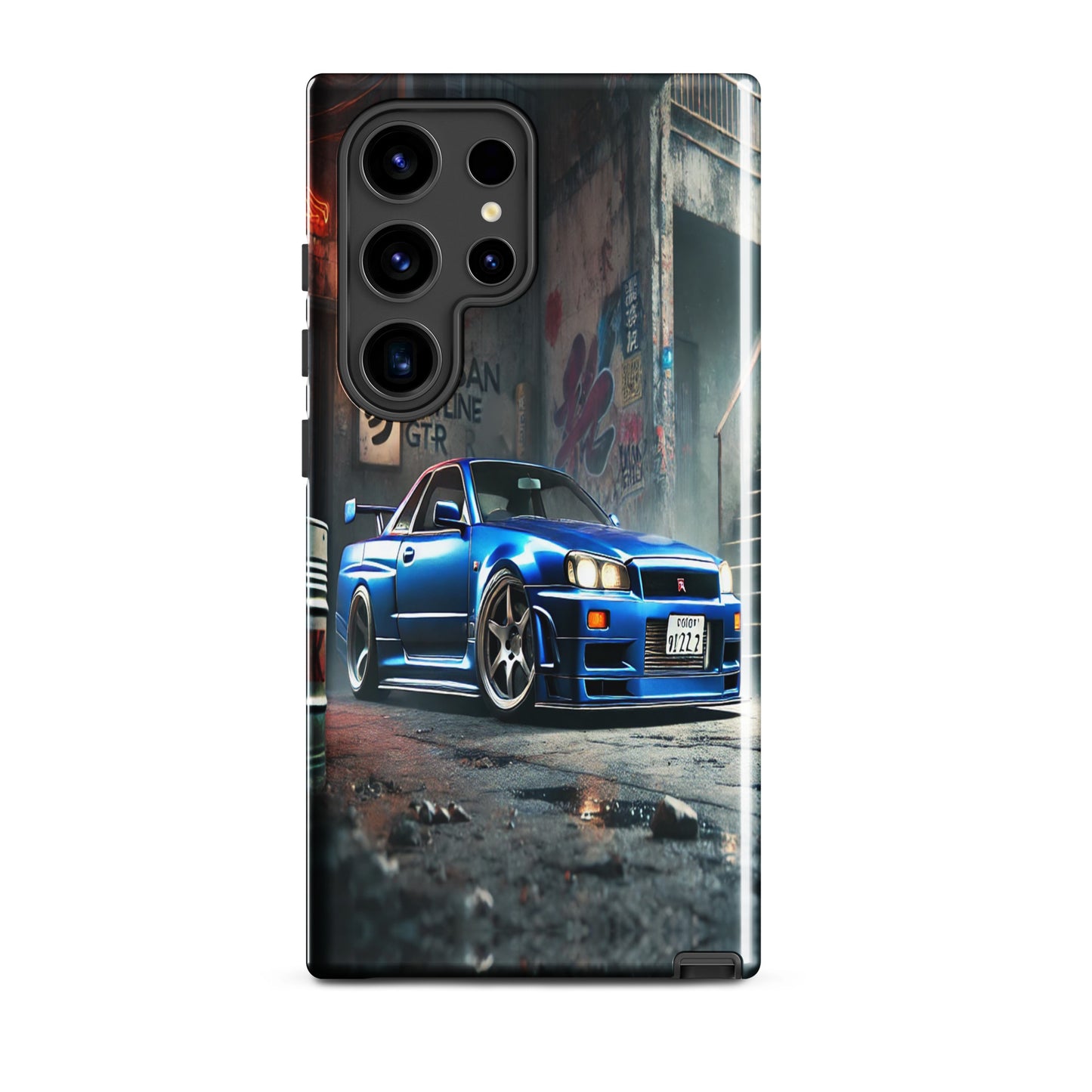 Samsung s24 Ultra Case Front View With a Nissan Skyline R34 GT-R Design In Bayside Blue.